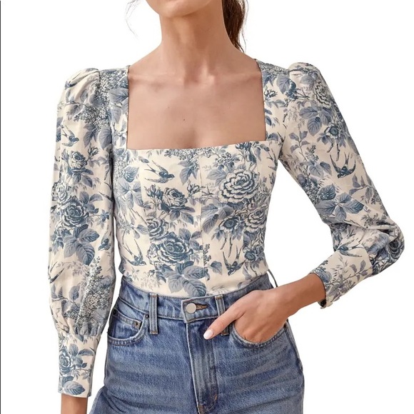 Reformation Tops - Reformation Stilton Linen Top Floral Toile Blue White Size 4